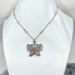 Silver Toned 14” Chain Necklace with Tigers Eye Beads and Butterfly Pendant